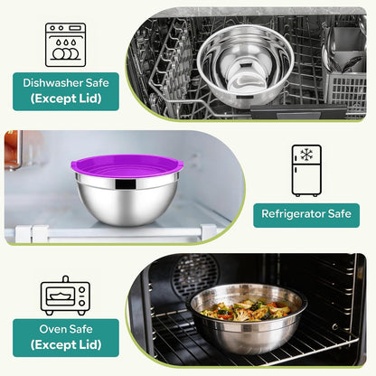 E-far Mixing Bowls With Lids Sets of 5, 10-Piece Stainless Steel Salad Metal Nesting Bowl for Baking Cooking and Prepping, Airtight Lid & Stackable Design, Size 4.6, 3, 2.1, 1.5, 0.7 QT, Black