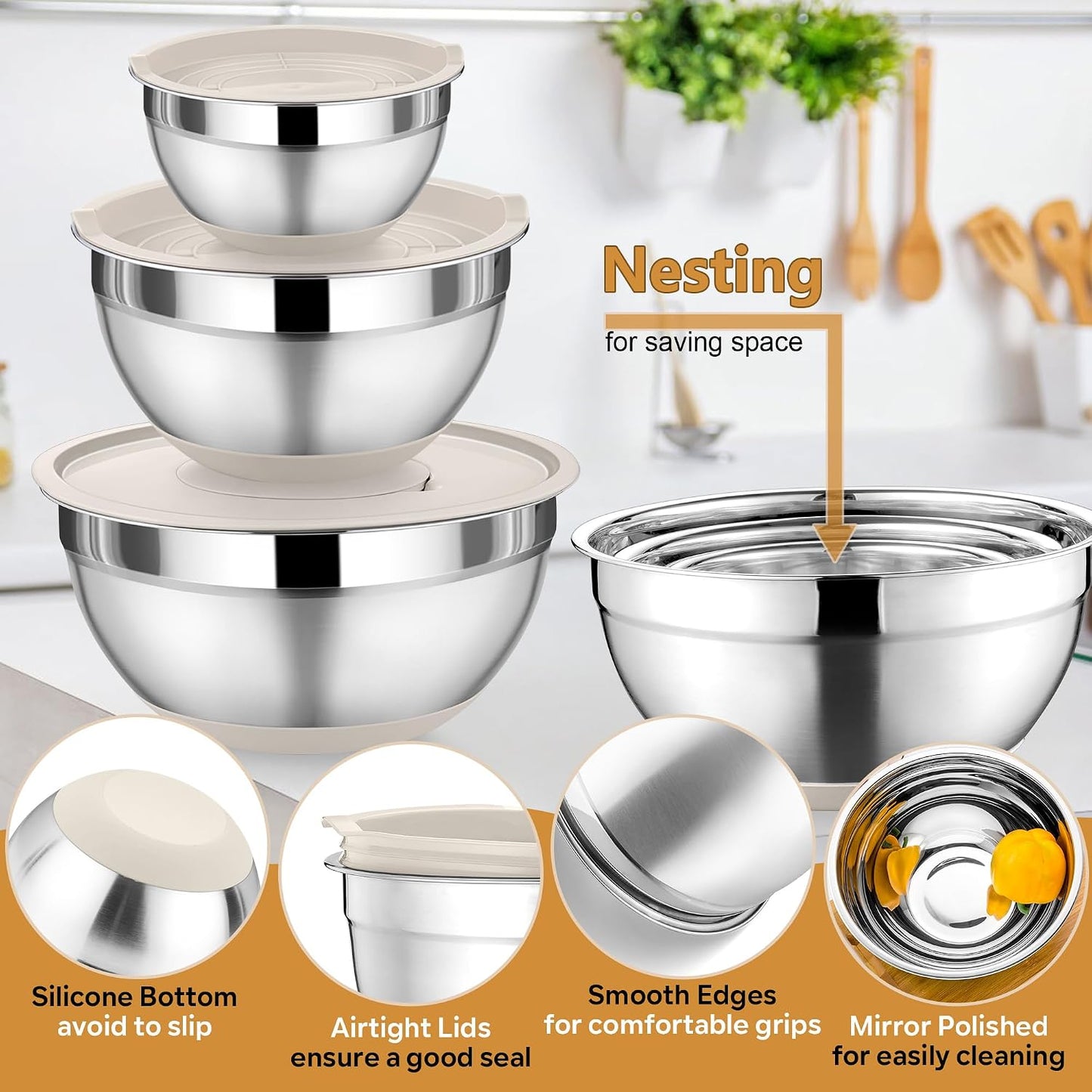 P&P CHEF Mixing Bowl with Lids Set of 3, Stainless Steel Nesting Salad Bowls for Serving Preparing, 3 Grater Attachments & Non-Slip Bottoms, Size 1.5/2.6/4.6 QT, Khaki