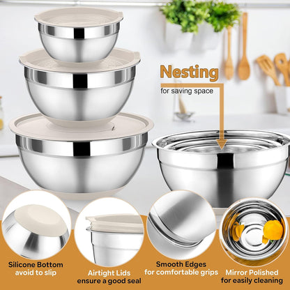 P&P CHEF Mixing Bowl with Lids Set of 3, Stainless Steel Nesting Salad Bowls for Serving Preparing, 3 Grater Attachments & Non-Slip Bottoms, Size 1.5/2.6/4.6 QT, Khaki
