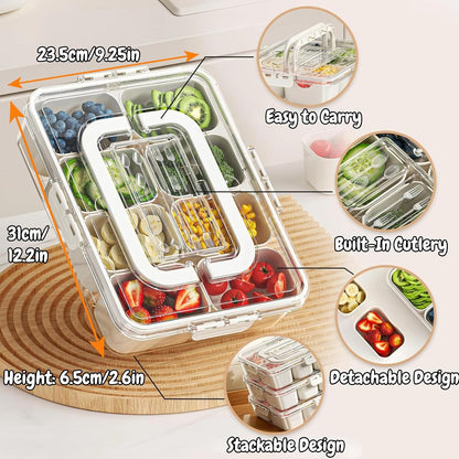 VINGVO Snackle Box, 2Pack Divided Serving Tray with Lid and Handle, 8 Compartment Portable Travel Snack Container for Adults & Kids
