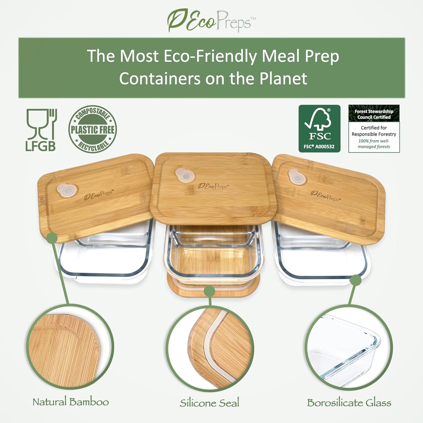 EcoPreps Glass Bento Box Containers with Bamboo Lids, 3 Compartment Glass Meal Prep Containers (3 Pack) - 100% Plastic Free, Eco-Friendly Lunch Container Set, Bamboo Lid Bento Boxes for Adults