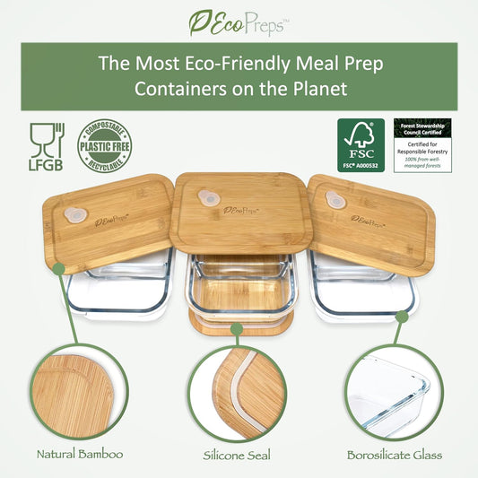 EcoPreps Glass Bento Box Containers with Bamboo Lids, 3 Compartment Glass Meal Prep Containers (3 Pack) - 100% Plastic Free, Eco-Friendly Lunch Container Set, Bamboo Lid Bento Boxes for Adults