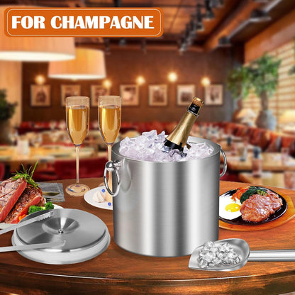 Ice Bucket with Lid & Tong- Well Made Insulated Stainless Steel Keep Ice Frozen Longer - Ideal for Cocktail Bar, Parties, Chilling Wine, Champagne - 3 Liter (Black)
