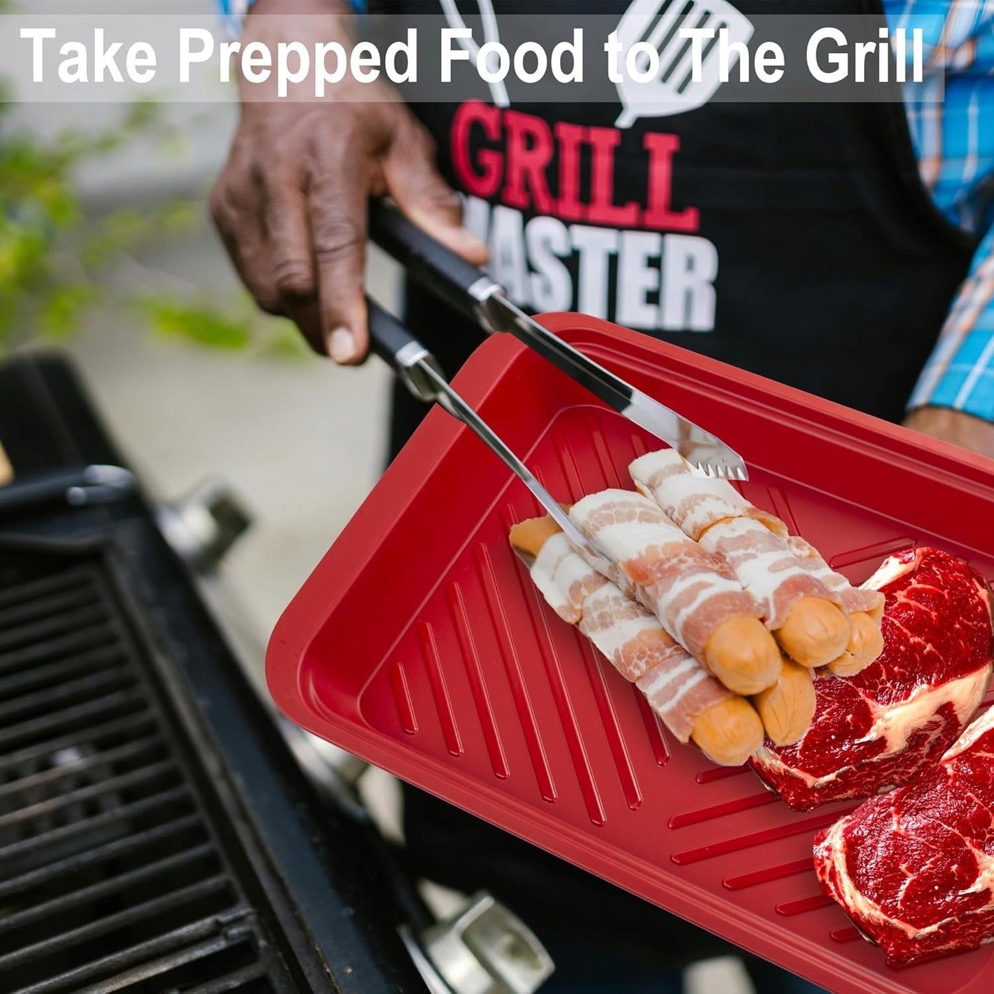KAQAHIDO Grilling Prep and Serve Trays, BBQ Platter for Raw Meat Marinating and Finished Cooked Food, Melamine Serving Tray, Set of 2, Cleaning Pack Included