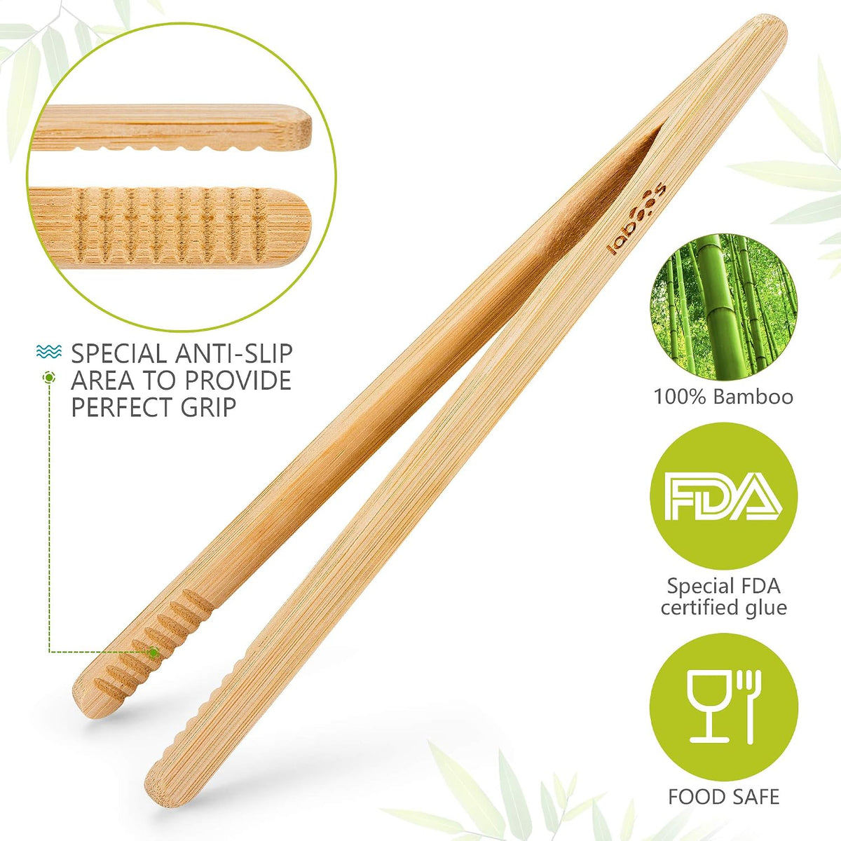 2-Pack Classic 8.7” Bamboo Toast Tongs – Natural Wooden Tongs for Toaster,Tongs for Cooking,Oven, Air Fryer, Pickles, Snacks – Heat-Resistant, Food Safe – by Laboos