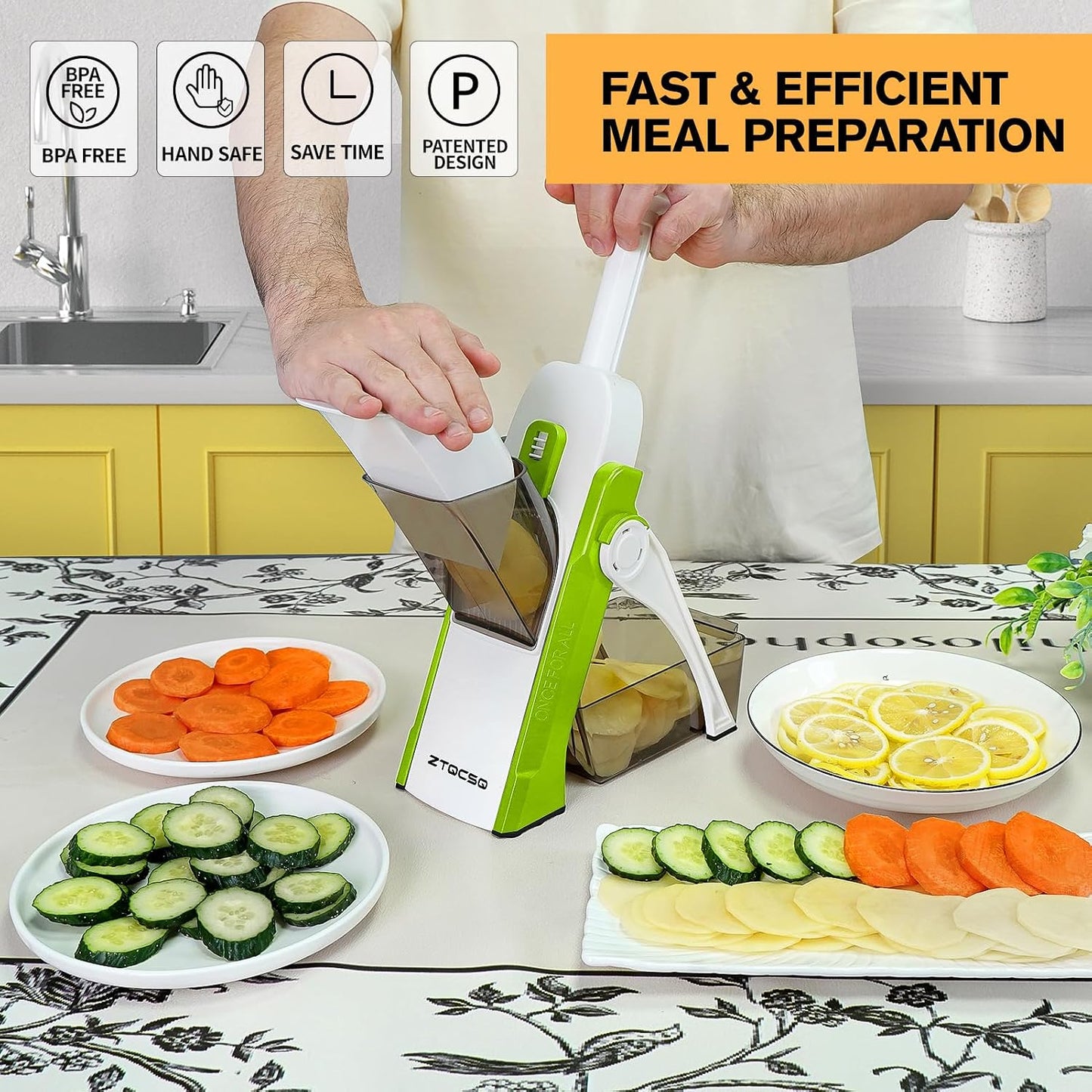 Safe Mandoline Slicer for Kitchen, Meal Prep,Potato Slicer, Adjustable/Easy to Clean/Storage, Kitchen Chopping Artifact,French Fry Cutter,Paring Knife/Cleaning Brush (only Slice, Black Knight)