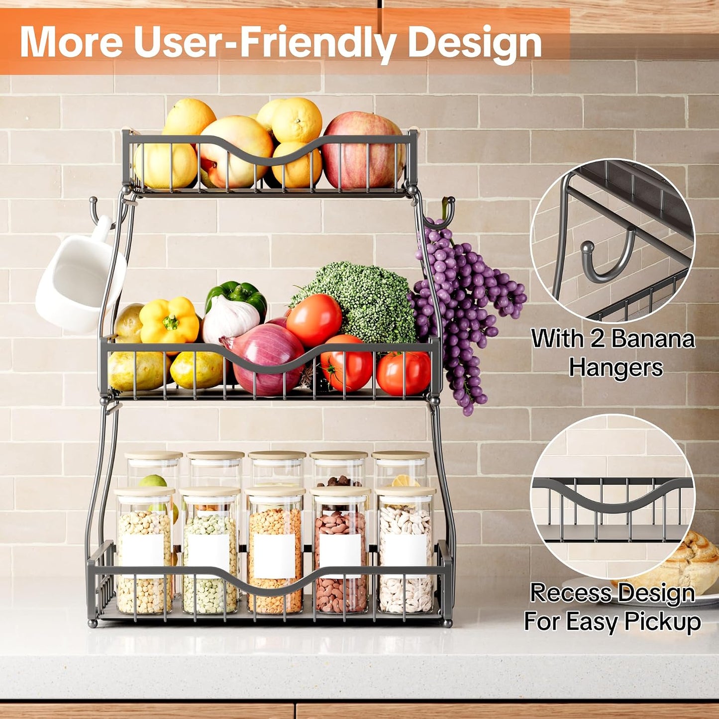3 Tier Fruit Basket for Kitchen Countertop with 2 Banana Hangers,Detachable Metal Fruit Bowl with Wooden Handles and Protective Pads,Large Capacity Fruit and Vegetable Basket Organizer,Black