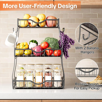 3 Tier Fruit Basket for Kitchen Countertop with 2 Banana Hangers,Detachable Metal Fruit Bowl with Wooden Handles and Protective Pads,Large Capacity Fruit and Vegetable Basket Organizer,Black
