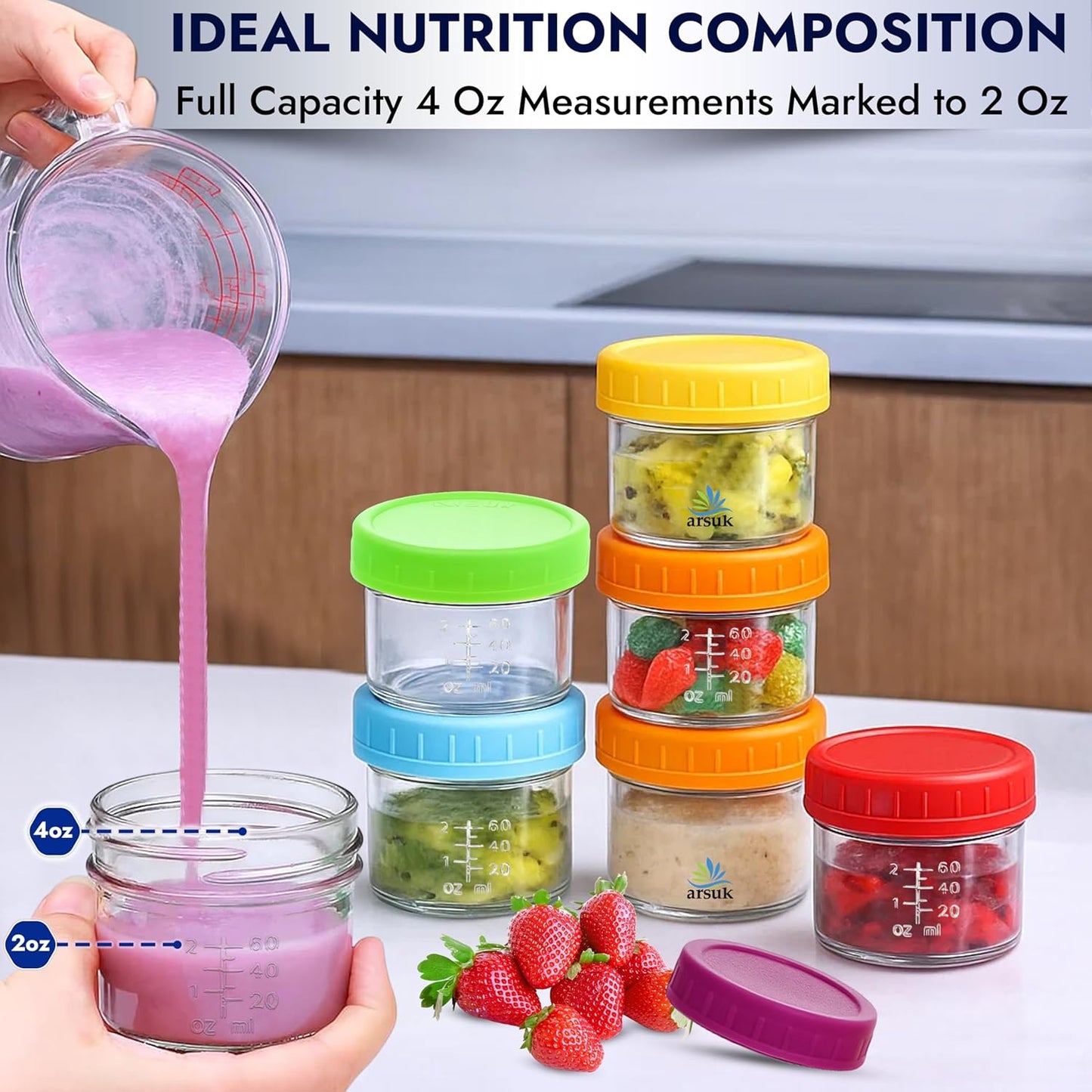 ARSUK 4Oz Glass Food Storage Containers with Snap-On BPA-Free Lids 12 Pack - Small Glass Jars for Sauce, Spices, Meal Prep - Reusable & Dishwasher Microwave Fridge Freezer Safe