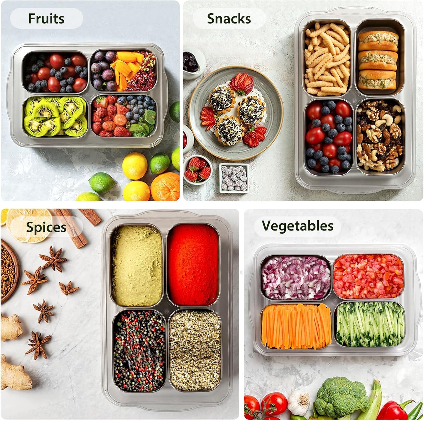 Snackle Box Container, Stainless Steel Divided Serving Tray with Lid and Handle, 8 Compartment Portable Snack Platters - Clear Storage Organizer for Fruit Candy Nuts Veggie - Perfect for Travel Party
