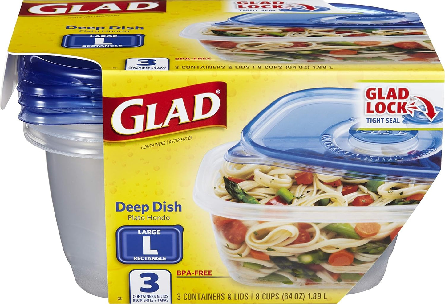 Glad GladWare To Go Snack Food Storage Containers with Lids, Medium Rectangle No BPA Plastic with Built-In Dressing Cup for Salads and Snacks, Microwave Dishwasher Safe, 24 Oz, 4 Count