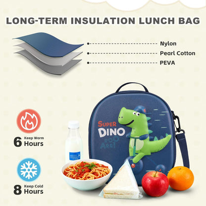 Kids Lunch Box for Kids Insulated Reusable Lunch Bag Tote Durable Children Leak-proof Lunchbox with Adjustable Shoulder Strap for School Daycare Travel Picnic (Navy - 3D Dinosaur)