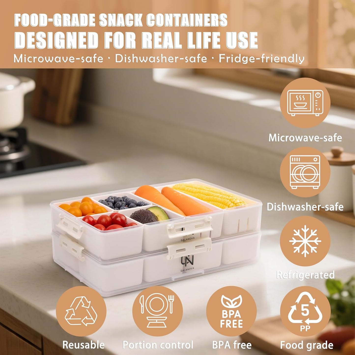 Snackle Box Container - 10 Compartments Including 2 XL, Dishwasher & Microwave Safe, Divided Serving Tray with Lid and Handle, BPA-Free, snack box (1 PCS, White, 1 Box with 2 XL Compartments)