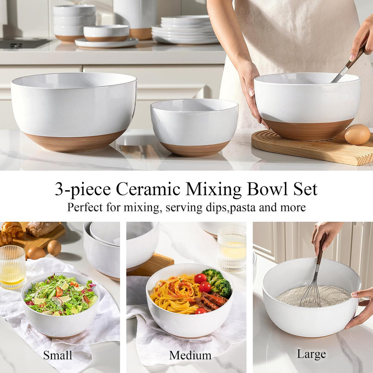 AmorArc Ceramic Mixing Bowls,Stoneware Nesting Bowls Set of 3 for Kitchen