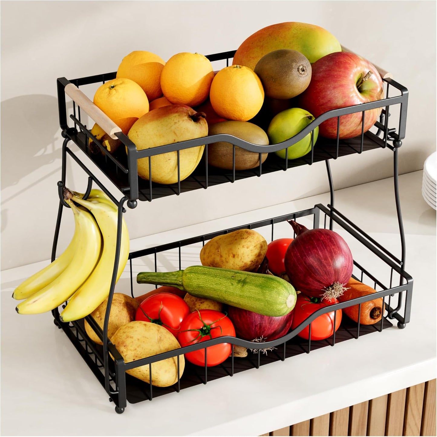 3 Tier Fruit Basket for Kitchen Countertop with 2 Banana Hangers,Detachable Metal Fruit Bowl with Wooden Handles and Protective Pads,Large Capacity Fruit and Vegetable Basket Organizer,Black
