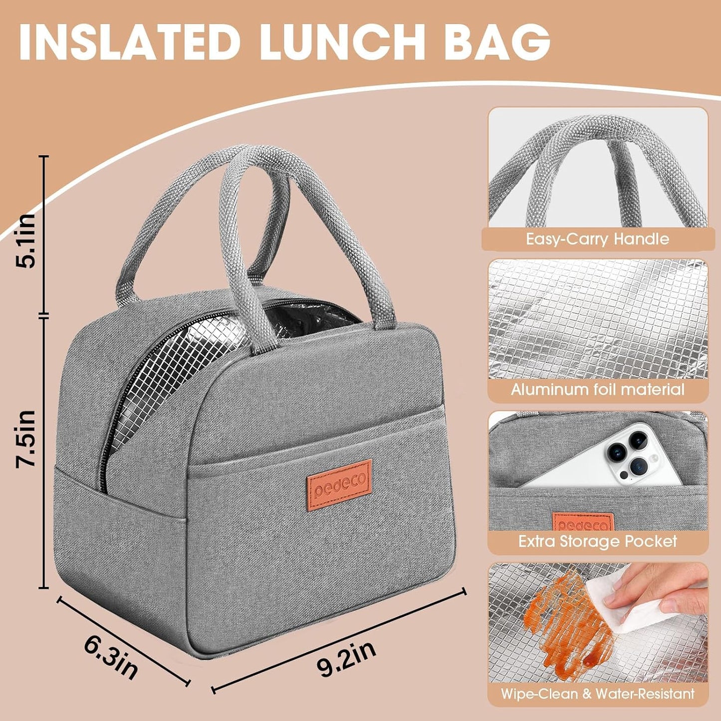PEDECO All-in-one Bento Lunch Box Set for Adults & Kids with Insulated Bag, Leakproof 3-Compartment and 2-Tier Stackable Container with Portable Sauce Pod, Microwave/Dishwasher Safe, BPA-Free (White)