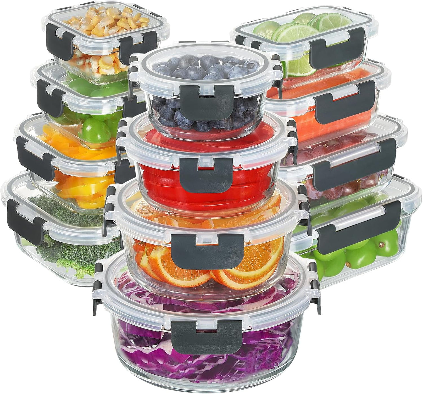BAYZZ 24 Piece Glass Food Storage Containers with Lids, Airtight Glass Meal Prep Containers for Kitchen, BPA-Free Lunch Box, Microwave and Freezer Safe