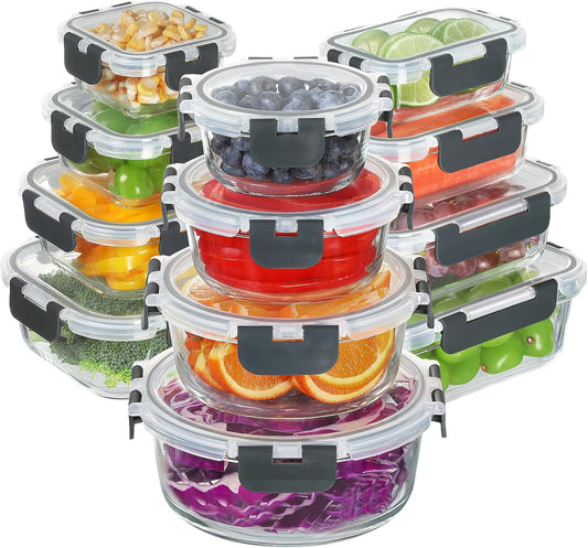 BAYZZ 24 Piece Glass Food Storage Containers with Lids, Airtight Glass Meal Prep Containers for Kitchen, BPA-Free Lunch Box, Microwave and Freezer Safe