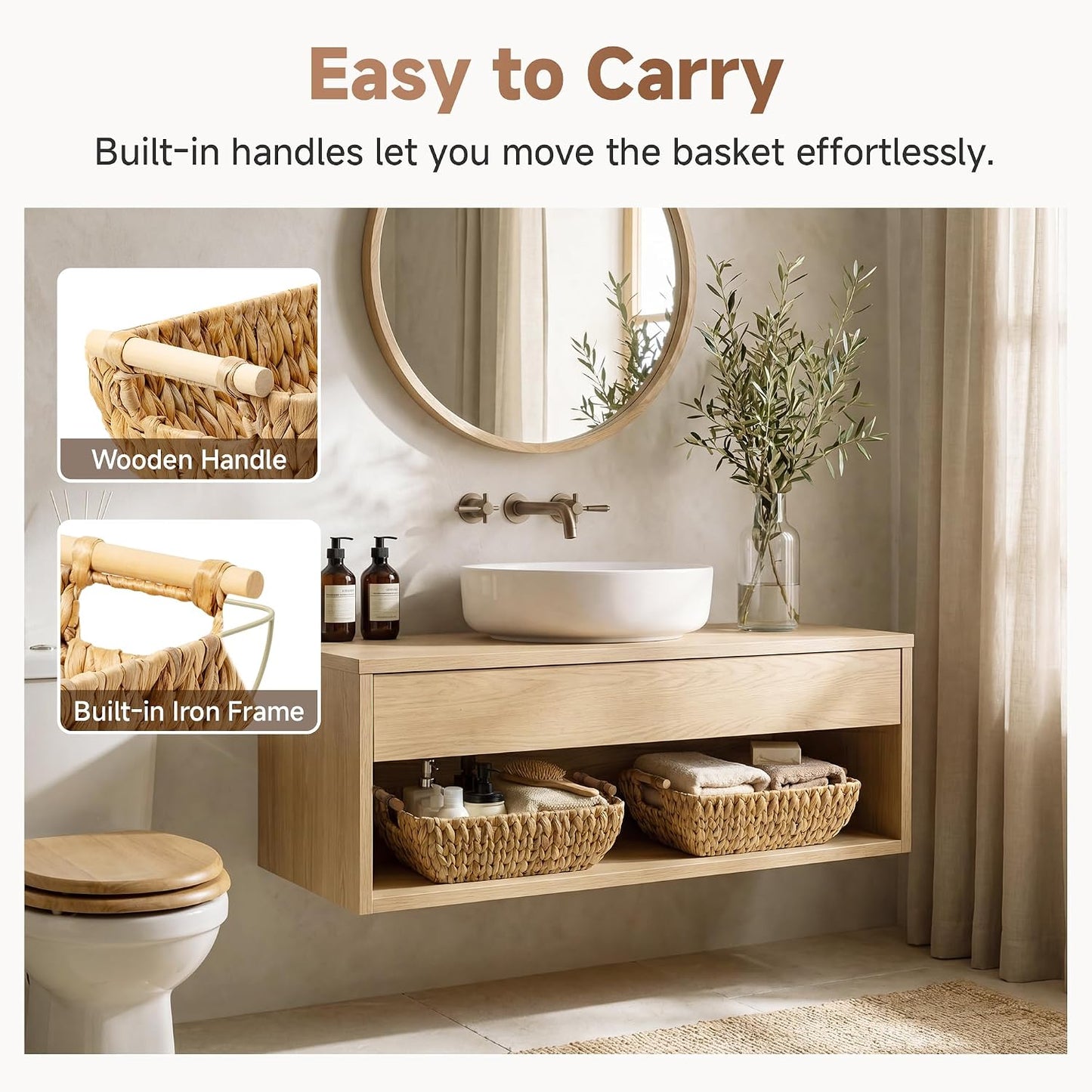 StorageWorks Hand-Woven Storage Baskets with Wooden Handles, Water Hyacinth Wicker Baskets for Organizing, 2 Pack