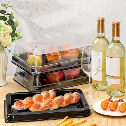 Tessco 12 Pcs Plastic Serving Trays with Lids Disposable Catering Trays 12.4 x 9.45 x 2.76 Inch Reusable Plastic Party Platters Charcuterie Board Box with Lids for Cookie Sandwich Christmas(Black)