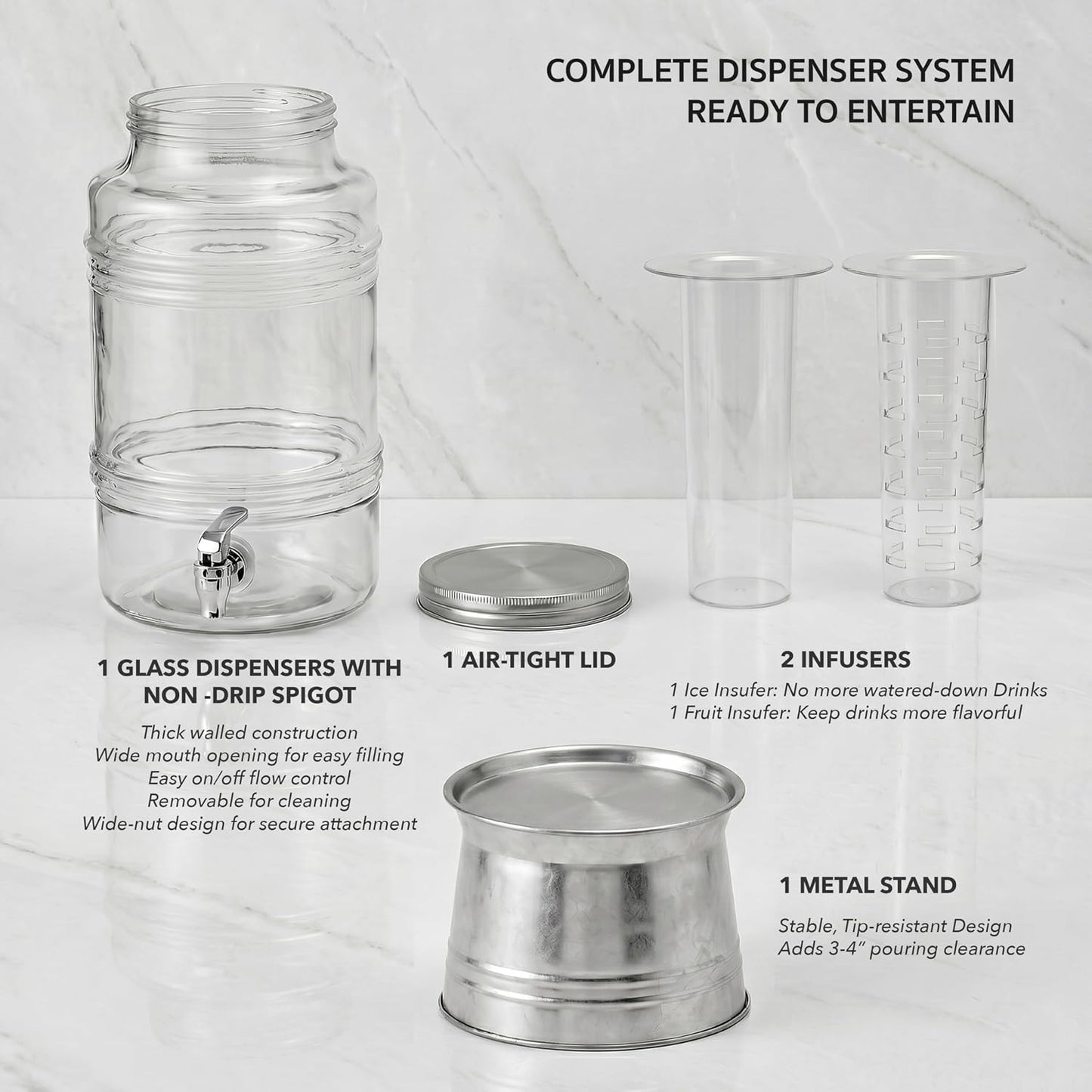 Circleware Breeze Glass Beverage Dispenser with Base Metal Stand Transforms to Ice Bucket, Lid, Fruit Infuser and Ice Insert, Entertainment Kitchen Drinking Glassware, Party, Huge 2.4 Gallons