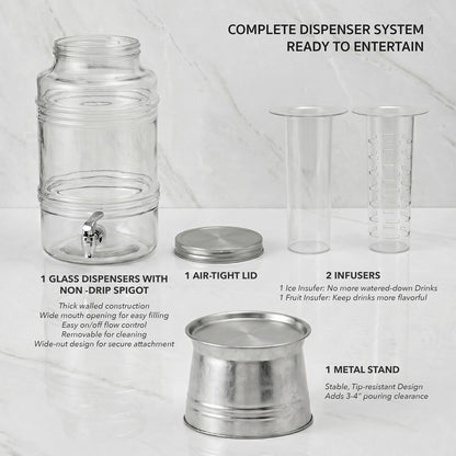 Circleware Breeze Glass Beverage Dispenser with Base Metal Stand Transforms to Ice Bucket, Lid, Fruit Infuser and Ice Insert, Entertainment Kitchen Drinking Glassware, Party, Huge 2.4 Gallons