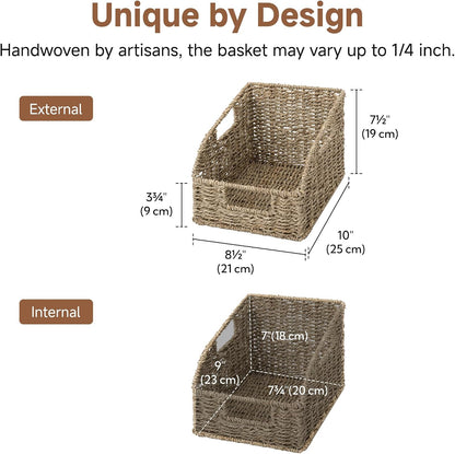StorageWorks Water Hyacinth Pantry Storage Baskets, Wicker Baskets with Built-in Handles, Handwoven Shelf Baskets for Organizing, Pantry Organizers and Storage, 3 Pack