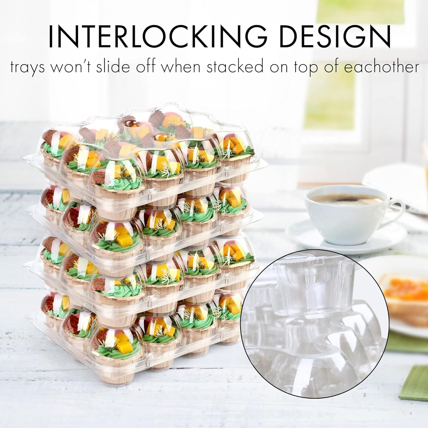 LotFancy (12 Count x 12 Sets) Cupcake Containers with 144 Liners, Thick Plastic Cupcake Boxes Holders, BPA Free, Disposable Cupcake Carrier with Detachable Tall Dome Lid