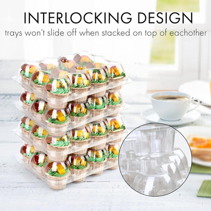 LotFancy (12 Count x 12 Sets) Cupcake Containers with 144 Liners, Thick Plastic Cupcake Boxes Holders, BPA Free, Disposable Cupcake Carrier with Detachable Tall Dome Lid
