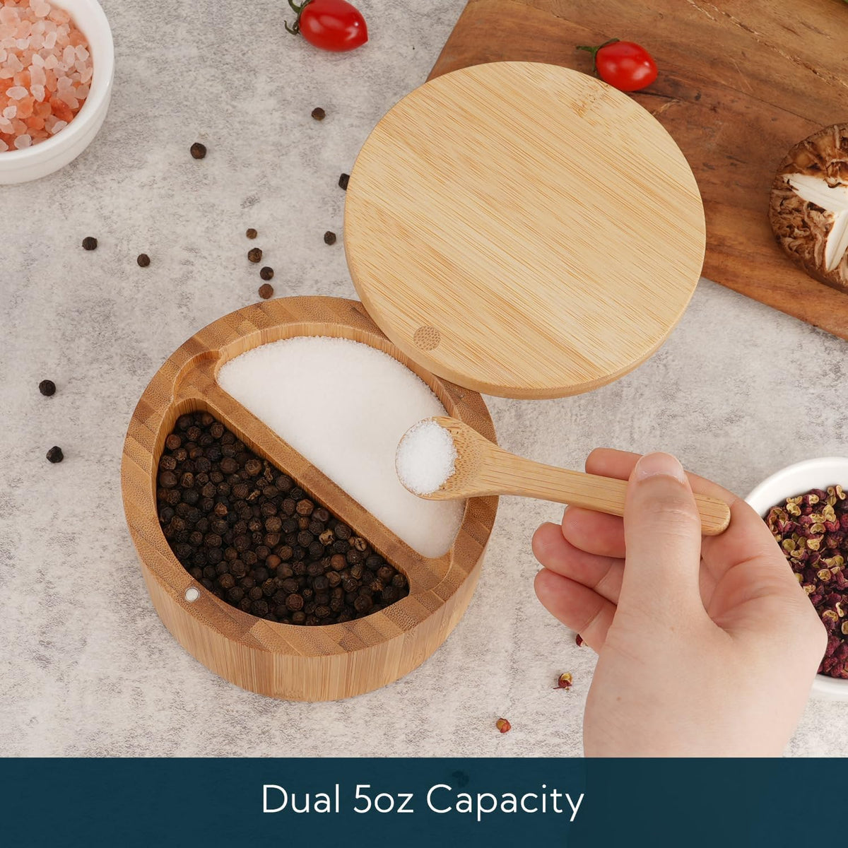 KITCHENDAO Acacia Wood Salt and Pepper Bowl Box, Built-in Spoon, Two Compartments Spice Seasoning Container, Sea Salt Cellar Holder, Magnetic Swivel Lid, Dual 5oz Capacity