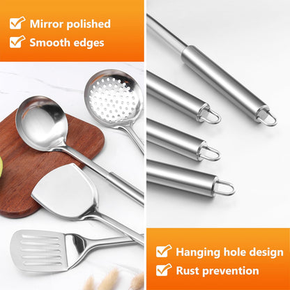 E-far Cooking Utensils Set, 10-Piece Stainless Steel Kitchen Utensils with Holder, Metal Heat Resistant Kitchen Cookware Tool Spatula Set for Cooking, Easy Clean & Dishwasher Safe