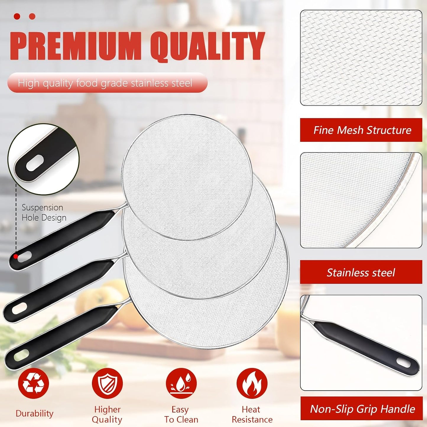3 Pcs Grease Splatter Screen For Frying Pan Cooking, Cooking Frying Pan Oil Splash Screen Cover Anti Splatter Shield Guard, Fine Mesh Splatter Screen, Grease Splatter Guard for Frying Pan