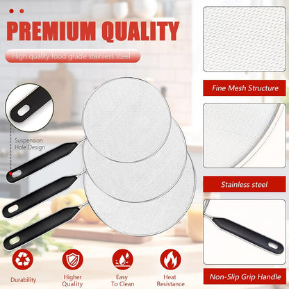 3 Pcs Grease Splatter Screen For Frying Pan Cooking, Cooking Frying Pan Oil Splash Screen Cover Anti Splatter Shield Guard, Fine Mesh Splatter Screen, Grease Splatter Guard for Frying Pan