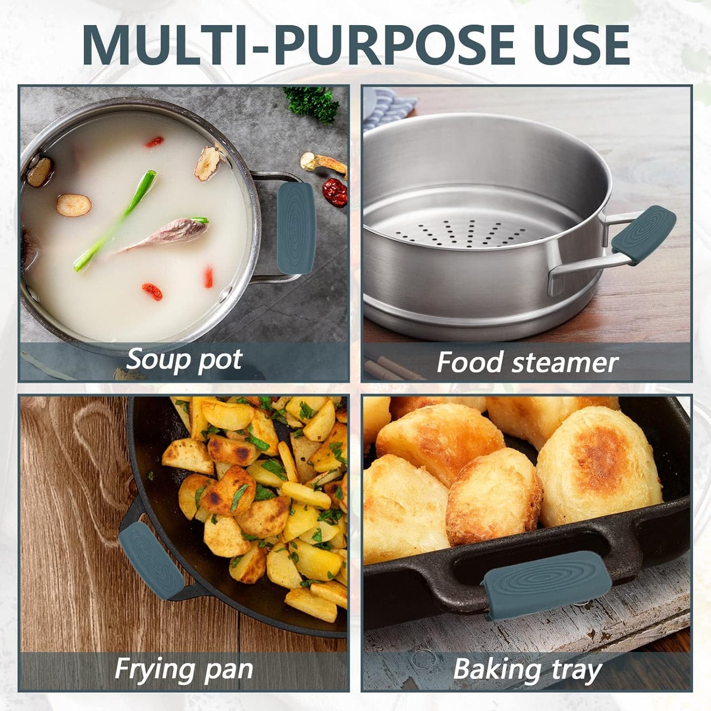 2Pcs Silicone Pot Handle Covers with Buttons, Heat Resistant Cast Iron Pot Assist Handle Covers, Non Slip Silicone Pot Holders, Reusable Hot Pot Grip Handle Sleeves (Gray)