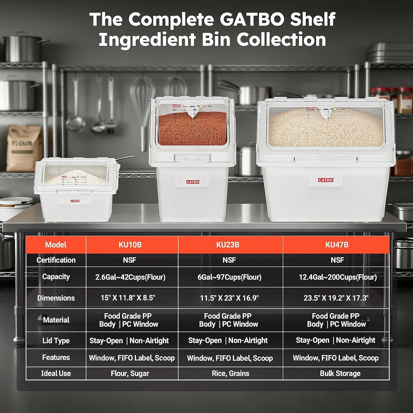 2.6 Gallon / 42 Cup Commercial Shelf Ingredient Bin with Scoop, Stackable Food Storage Container with Clear Flip Lid, Built-in FIFO Label and One-Hand Access for Flour Sugar Rice