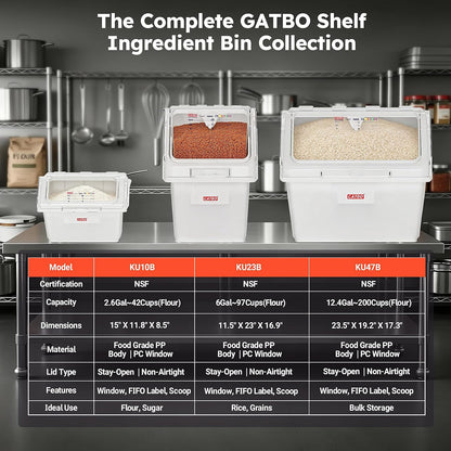 2.6 Gallon / 42 Cup Commercial Shelf Ingredient Bin with Scoop, Stackable Food Storage Container with Clear Flip Lid, Built-in FIFO Label and One-Hand Access for Flour Sugar Rice