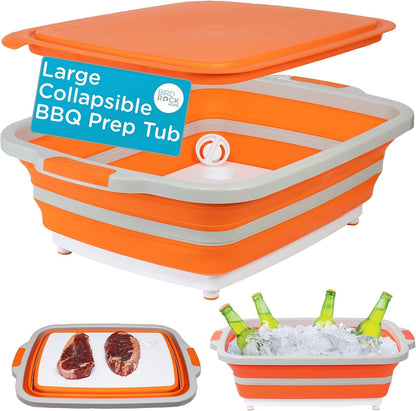 BIRDROCK HOME Collapsible Large BBQ Prep Tub w/Cutting Board, Multi-Function Grill Caddy w/Colander & Lid, Portable Silicone Dish Bowl for Picnic, Tailgate, Camping - Black