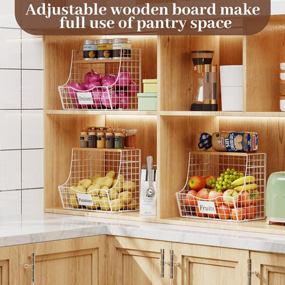 3 Pack Extra Large Fruit Basket for Kitchen with Wood Lid Nameplate - Counter&Wall Mounted Onion and Potato Storage Bin, Stackable Metal Hanging Wire Baskets,15.74 * 8.66 * 10.63 inch