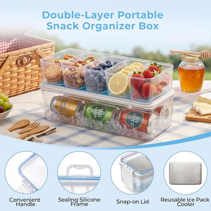 Homelove Snackle Box Container, Snack Organizer Divided Serving Tray with 2 Plastic Ice Packs, Lid with Handle, Double-layer Tray and 5-Compartment Snack Platter for Travel Party Beach Picnic