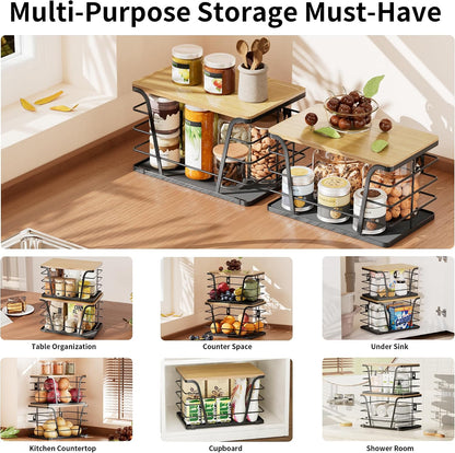 2 Pack Potato and Onion Storage Bins, Stackable Kitchen and Pantry Organizer with Bamboo Top & Lightweight PP Mat, for Vegetables, Fruit, Onion, Potato, Garlic - Pantry, Kitchen Storage Bins (Black)