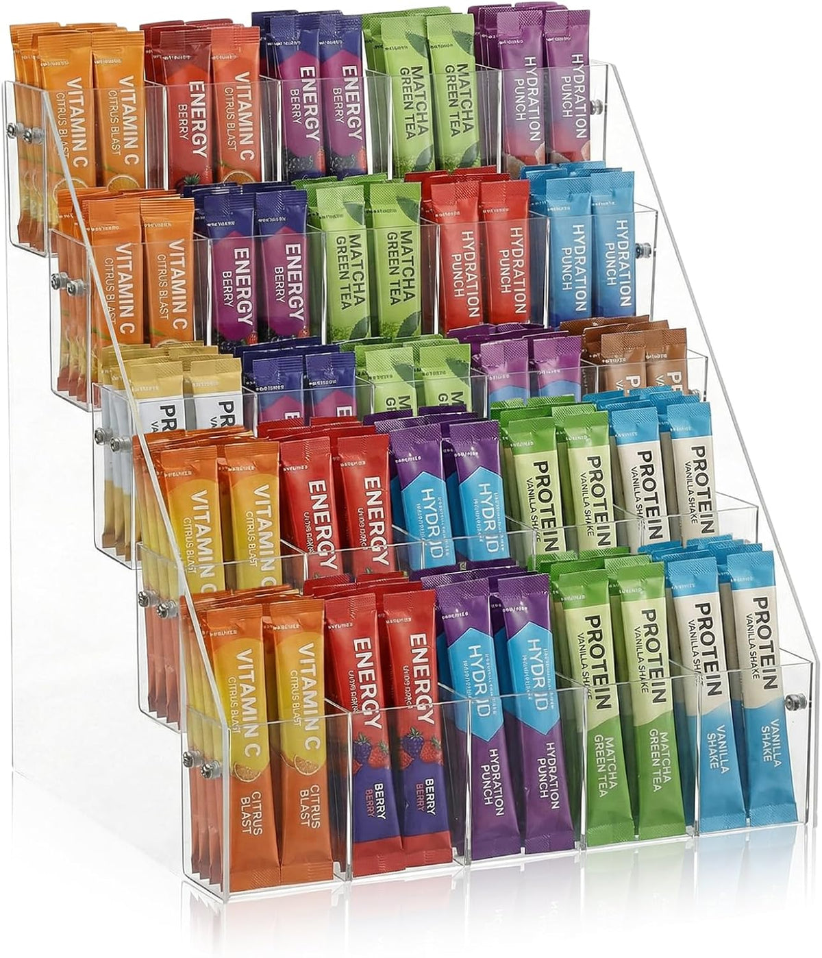 Drink Packet Organizer with 25 Compartments, 5-Tier Water Packet Organizer for Water Flavor Drink Mix, Transparent Acrylic Sugar Packets Holder for Pantry Cabinet Kitchen Storage Organization