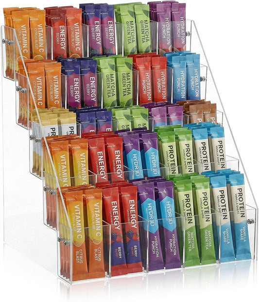 Drink Packet Organizer with 25 Compartments, 5-Tier Water Packet Organizer for Water Flavor Drink Mix, Transparent Acrylic Sugar Packets Holder for Pantry Cabinet Kitchen Storage Organization