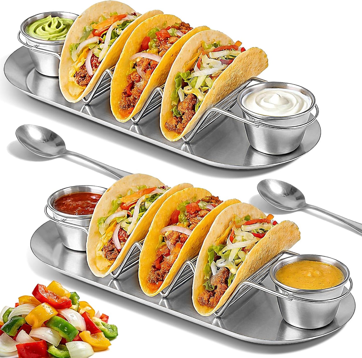 Stainless Steel Taco Holder Tray Set of 2, Taco Rack Holds 3 Tacos Each with Serving Tray, Sauce Cups & Spoon, Oven & Dishwasher Safe for Taco Night & Parties (Gold-2 Pack)