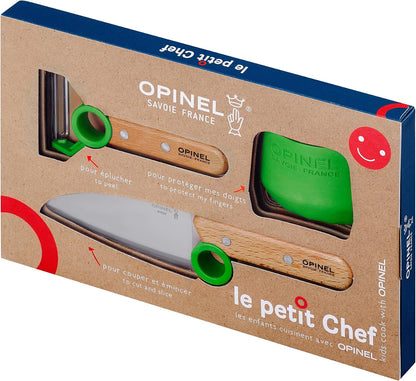 Opinel Le Petit Chef Complete 3 Piece Kitchen Set, Chef Knife with Rounded Tip, Fingers Guard, Peeler, For Children and Teaching Food Prep and Kitchen Safety, Made in France