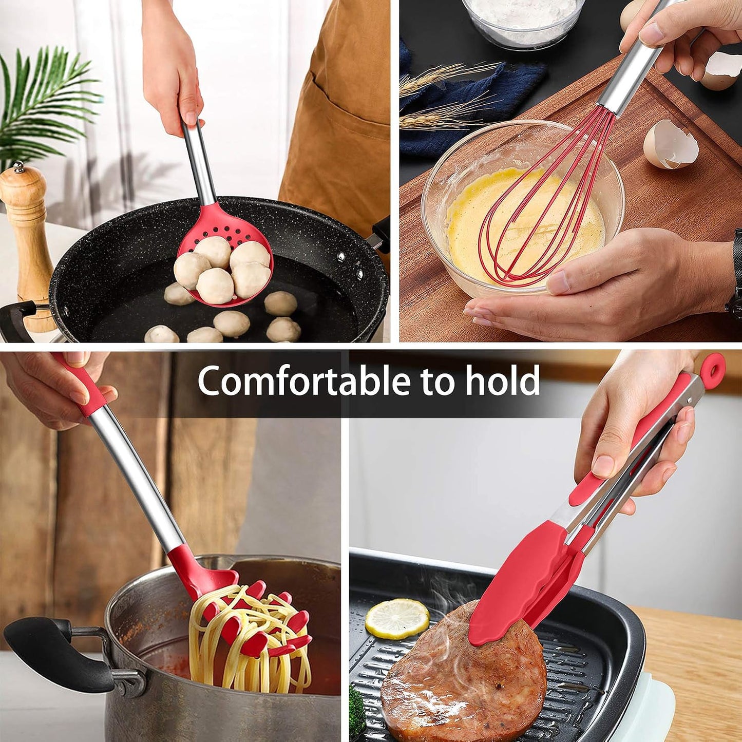 LIANYU 15 Pcs Kitchen Cooking Utensils Set with Holder, Silicone Kitchen Tools with Stainless Steel Handle, Heat Resistant Gadgets, Brush Spatula Spoon Whisk for Cookware, Dishwasher Safe, Khaki