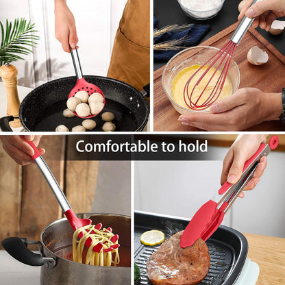 LIANYU 15 Pcs Kitchen Cooking Utensils Set with Holder, Silicone Kitchen Tools with Stainless Steel Handle, Heat Resistant Gadgets, Brush Spatula Spoon Whisk for Cookware, Dishwasher Safe, Khaki