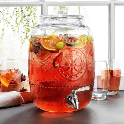3 Gallon Classic Ice Cold Clear Glass Mason Jug Drink Beverage Dispenser Durable On Galvanized Stand With Leak Free Spigot-Easy Filling For Outdoor, Parties & Daily Use Lid