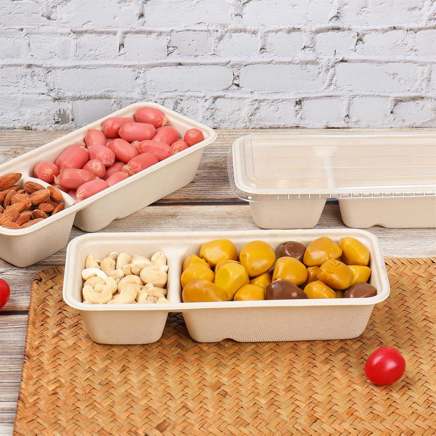 16oz disposable 3 compartments Sugarcane Fibers bowls with lid take away food containers Meal Prep Bowls 25 Pack