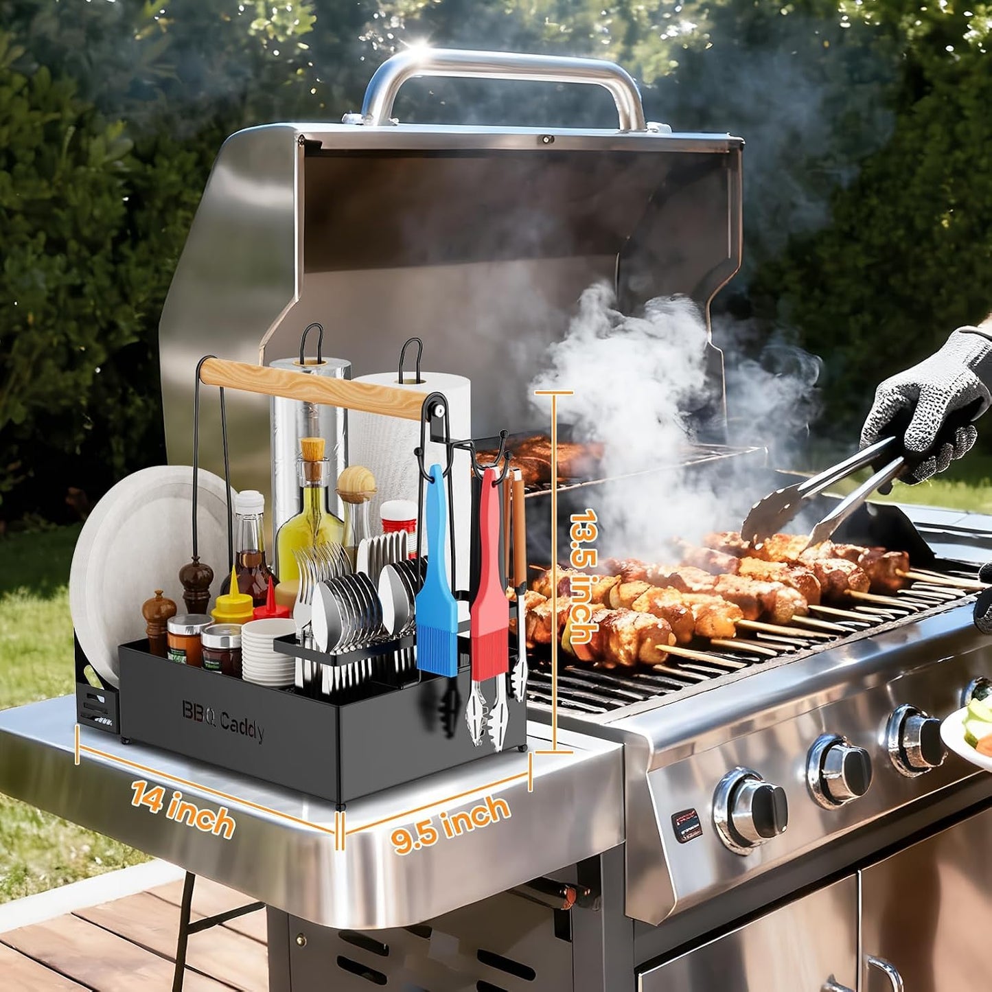 Grill Caddy with Paper Towel Holder, Picnic BBQ Condiment Utensil Organizer Caddy for Camping, Rv, Camping Accessories, Camping Essential, Camper Must Haves, Barbecue Tool Sets