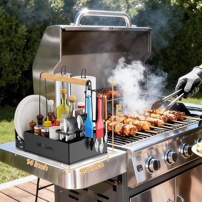 Grill Caddy with Paper Towel Holder, Picnic BBQ Condiment Utensil Organizer Caddy for Camping, Rv, Camping Accessories, Camping Essential, Camper Must Haves, Barbecue Tool Sets
